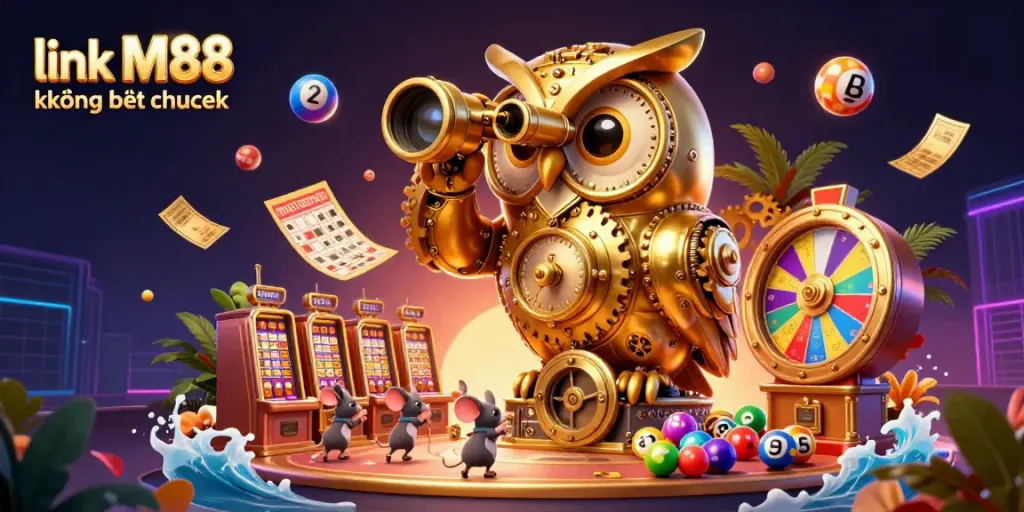Hình ảnh mô phỏng động 3D về link M88 không bị chặn, với các nhân vật thú vị trong sòng bạc.