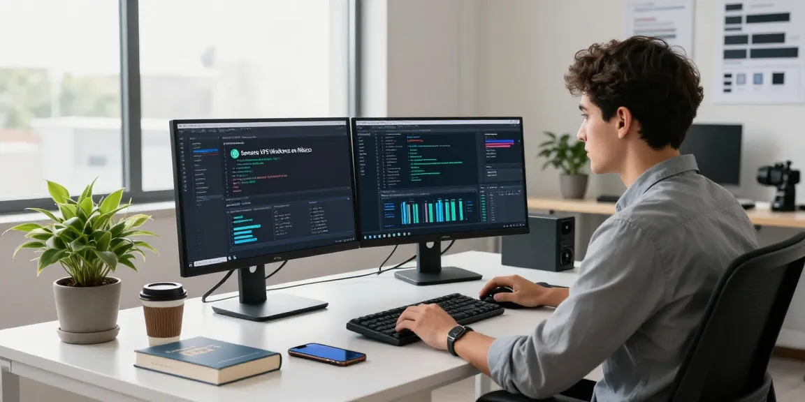 Vista moderna de Servidores VPS Windows en México en una oficina elegante, mostrando a un ingeniero de software trabajando.