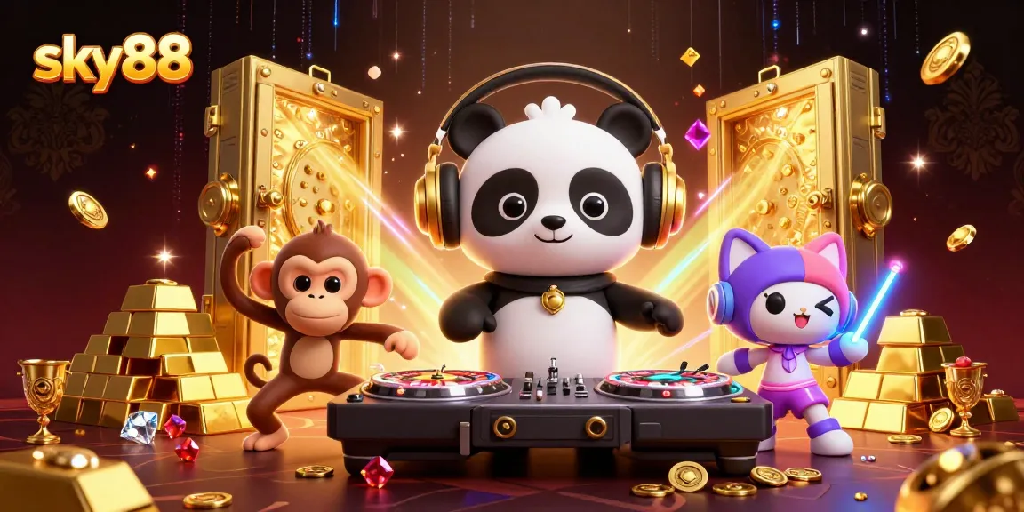 Join the excitement at sky88 with a lively scene featuring a DJ panda, a breakdancing monkey, and a glow-stick kitten amidst casino treasures.