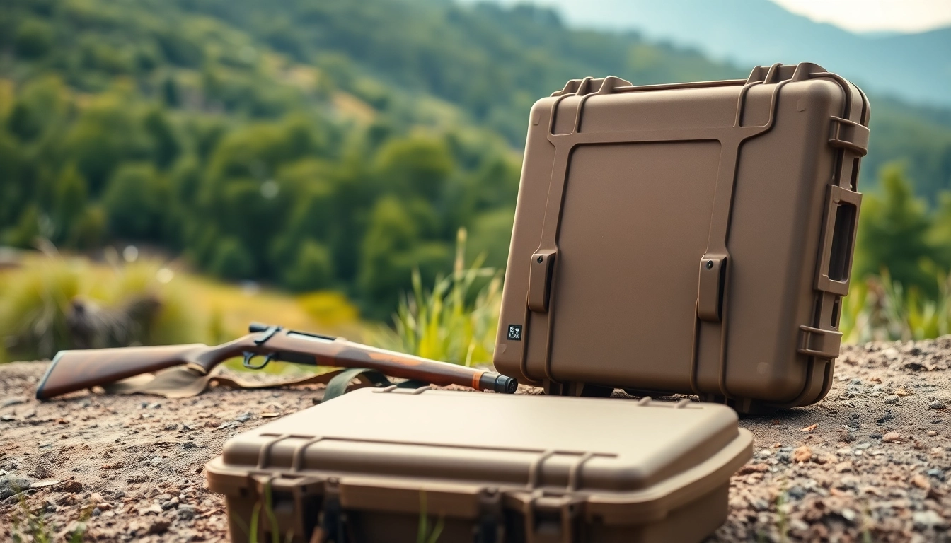 Showcasing a pelican gun case for sale in a rugged outdoor setting, ideal for hunters.