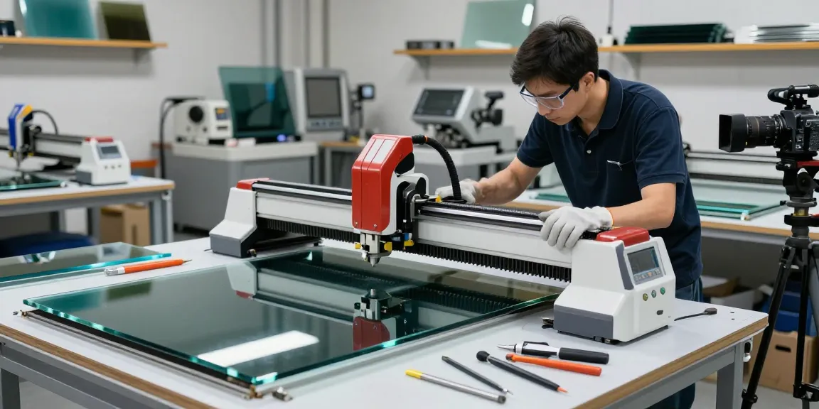 Technician optimizing a CNC glass cutting machine at a glass cutting table in a professional workshop.
