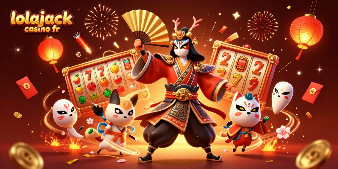 Lolajack Casino FR: Experience vibrant slot games with an exciting kabuki warrior theme, featuring rich visuals and festive elements.