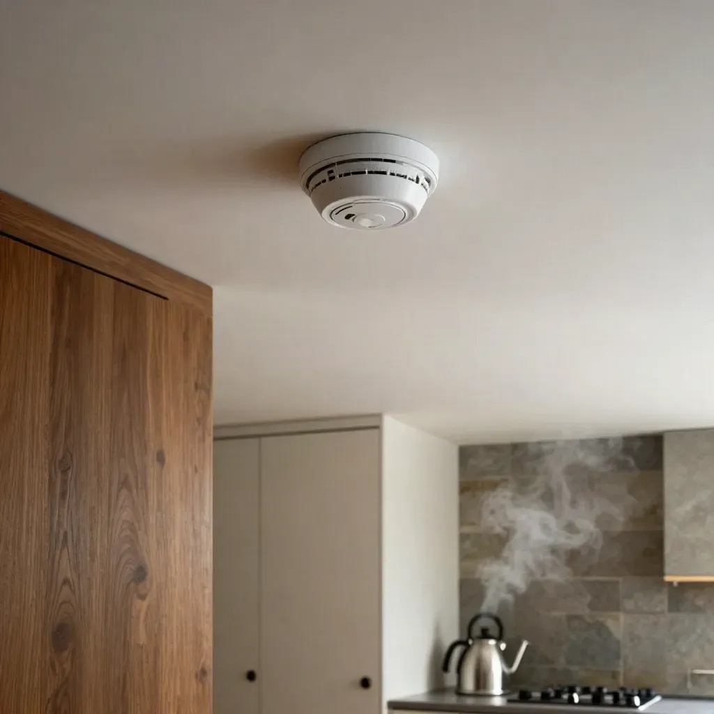 Ceiling smoke and CO detectors above a calm hall and kitchen edge with kettle steam