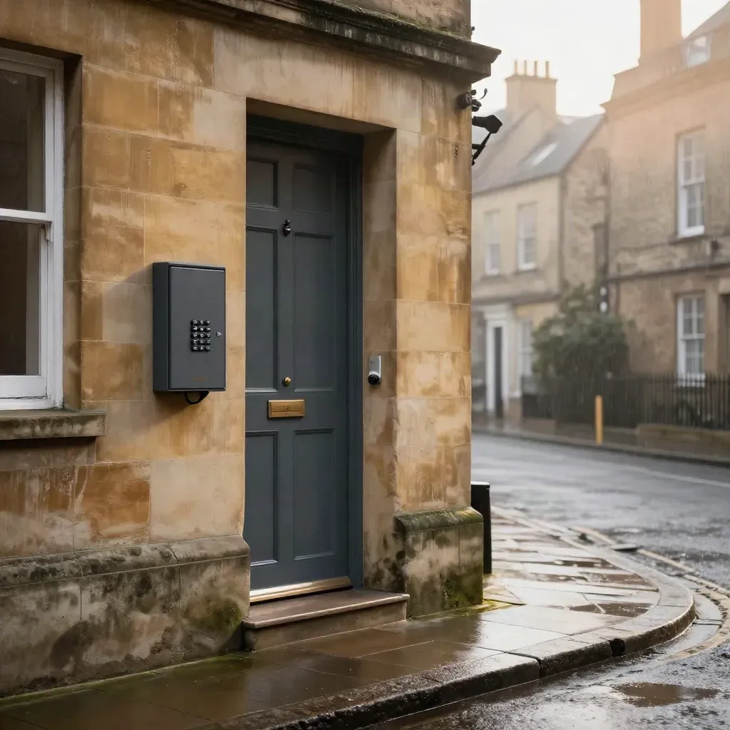Sandstone townhouse entrance with alarm box, keypad and CCTV after rain at warm first light.