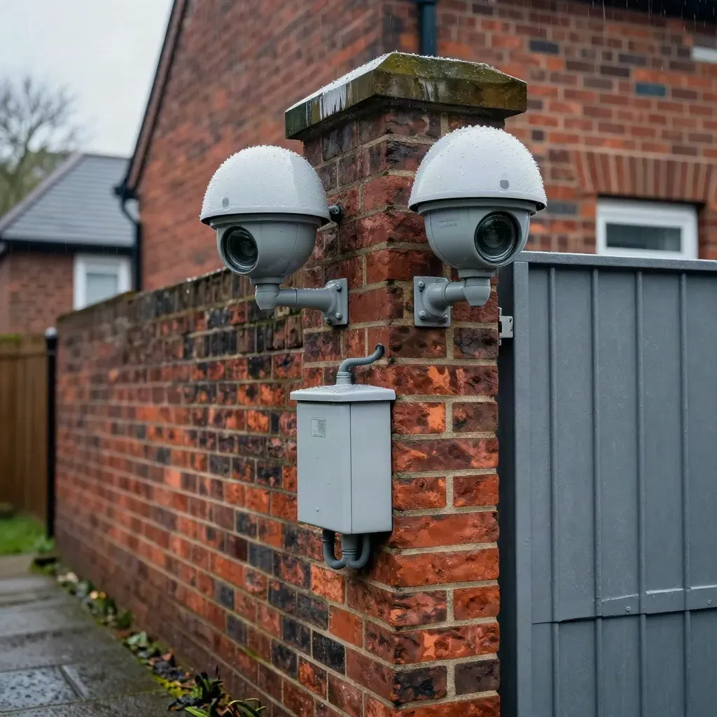 CCTV domes and junction box on a wet brick wall beside a rear gate in light drizzle