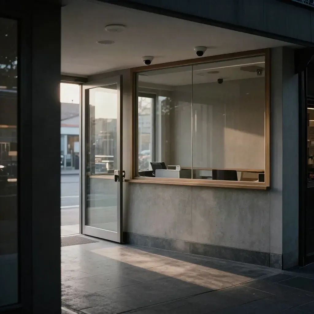 Empty city shop interior with CCTV domes over till and entrance at dawn