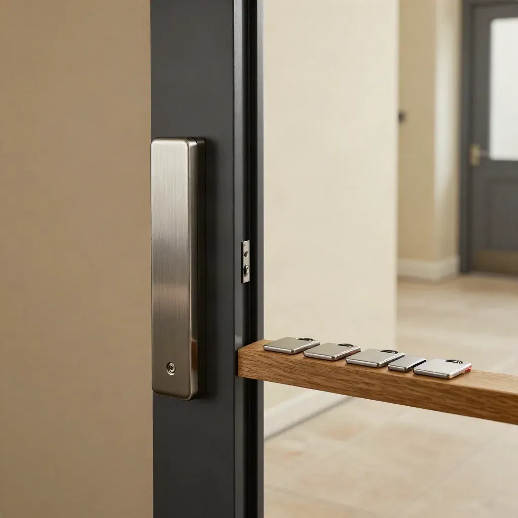 Office doorway with access reader, strike plate, and blank fobs on a ledge