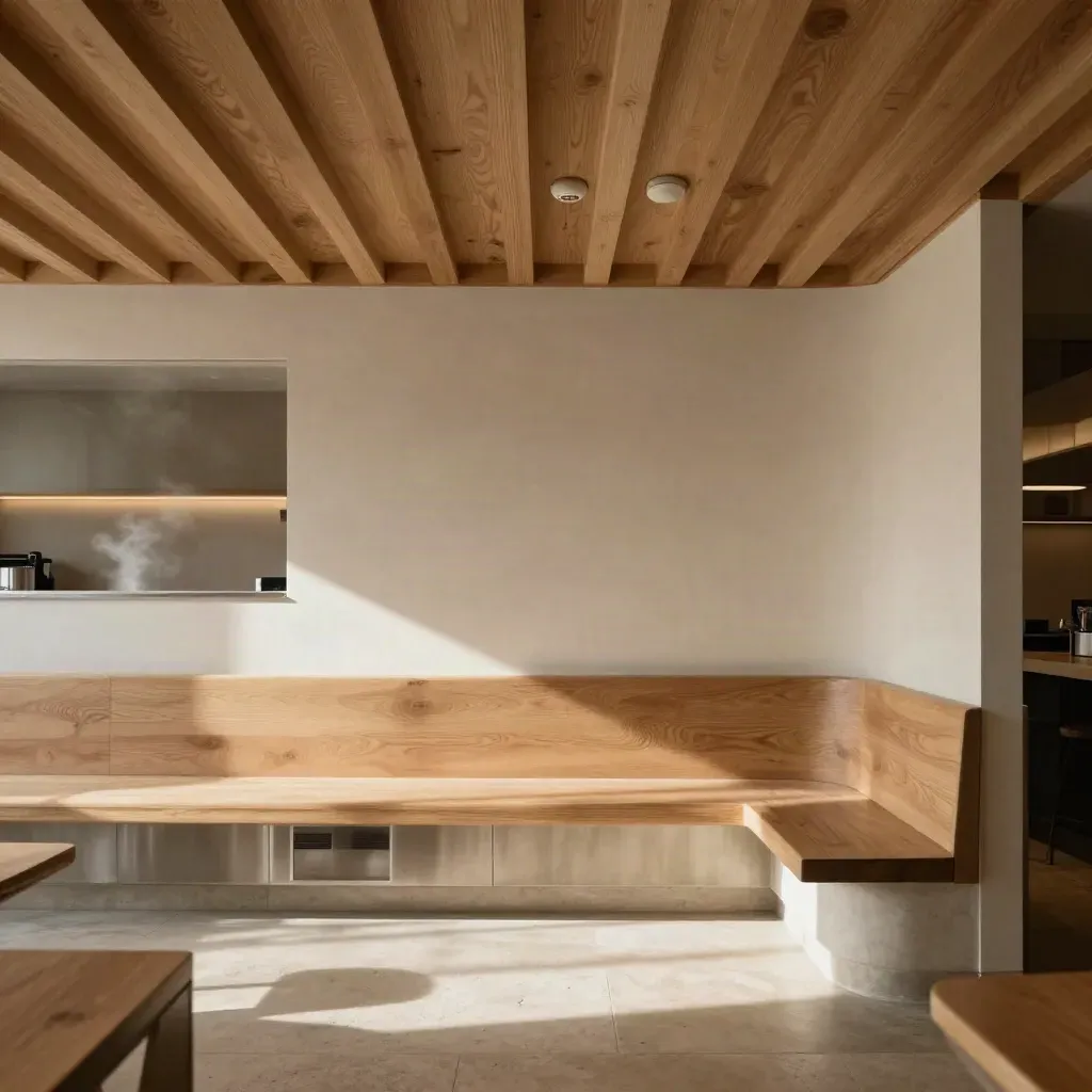 Ceiling-mounted smoke and CO detectors above an empty café seating run with soft steam behind.
