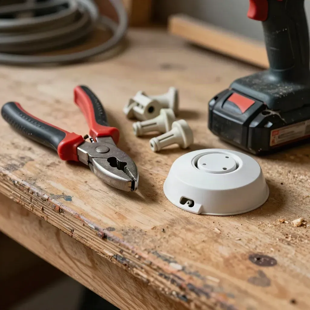 Alarm installer tools on a dusty plywood bench in extreme macro detail.