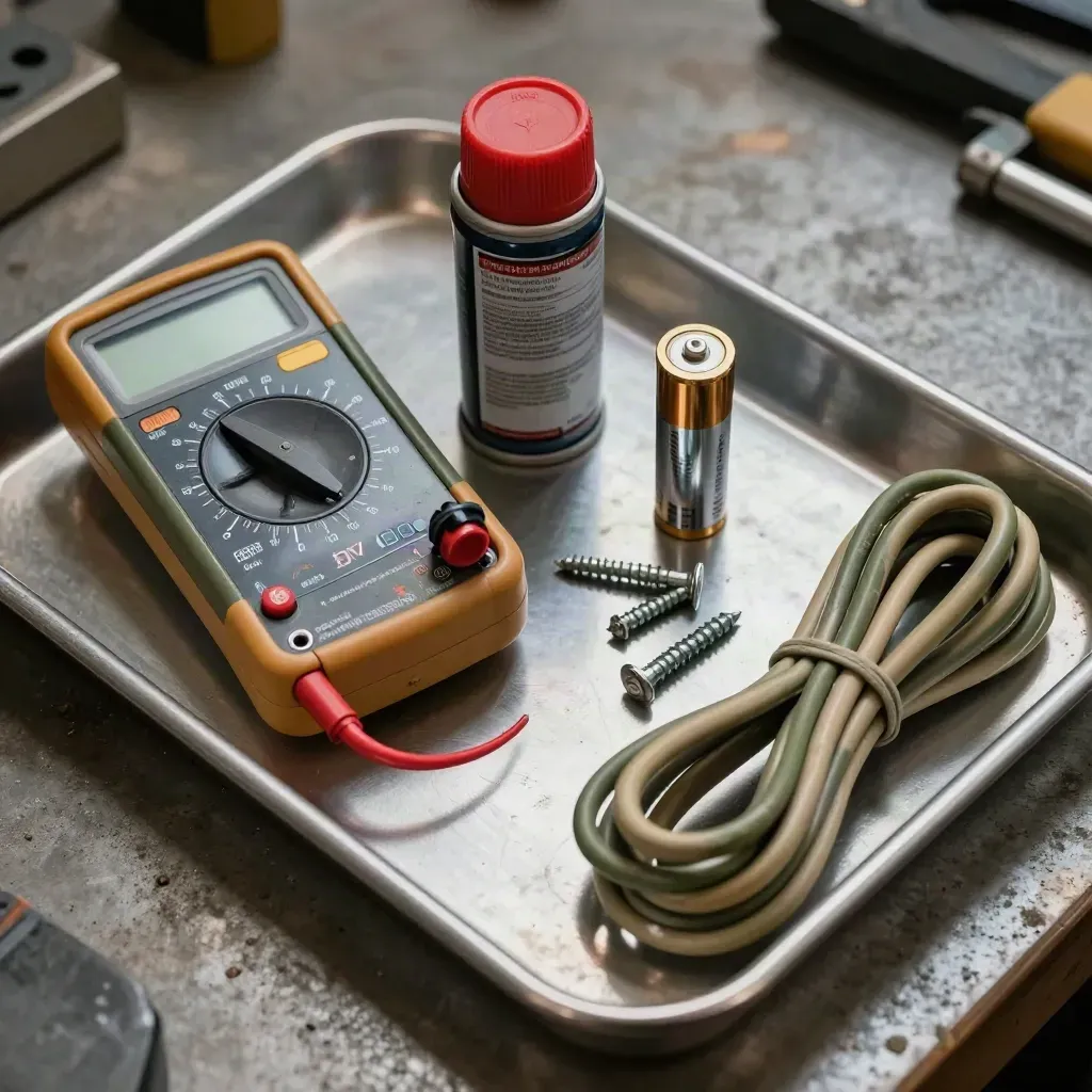 Macro of alarm service tools on a steel tray: meter, battery, tester, screws and cable