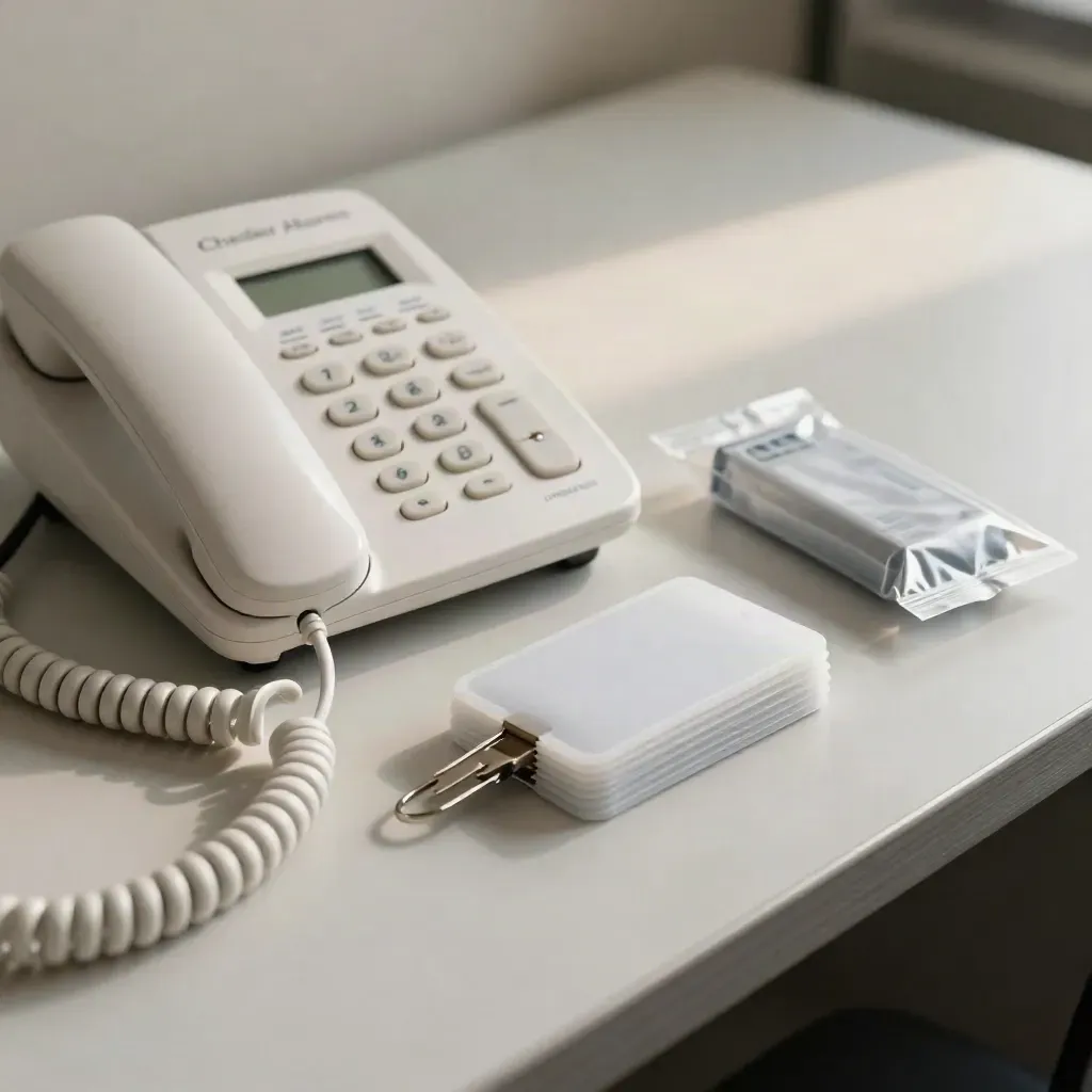Desk phone, key fobs and spare battery pack on a pale office desk with soft daylight.