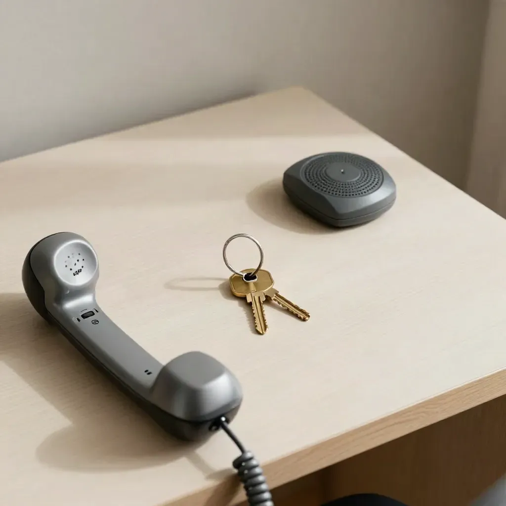 Cordless handset, house keys and intercom chime on a pale laminate desk in soft side light.