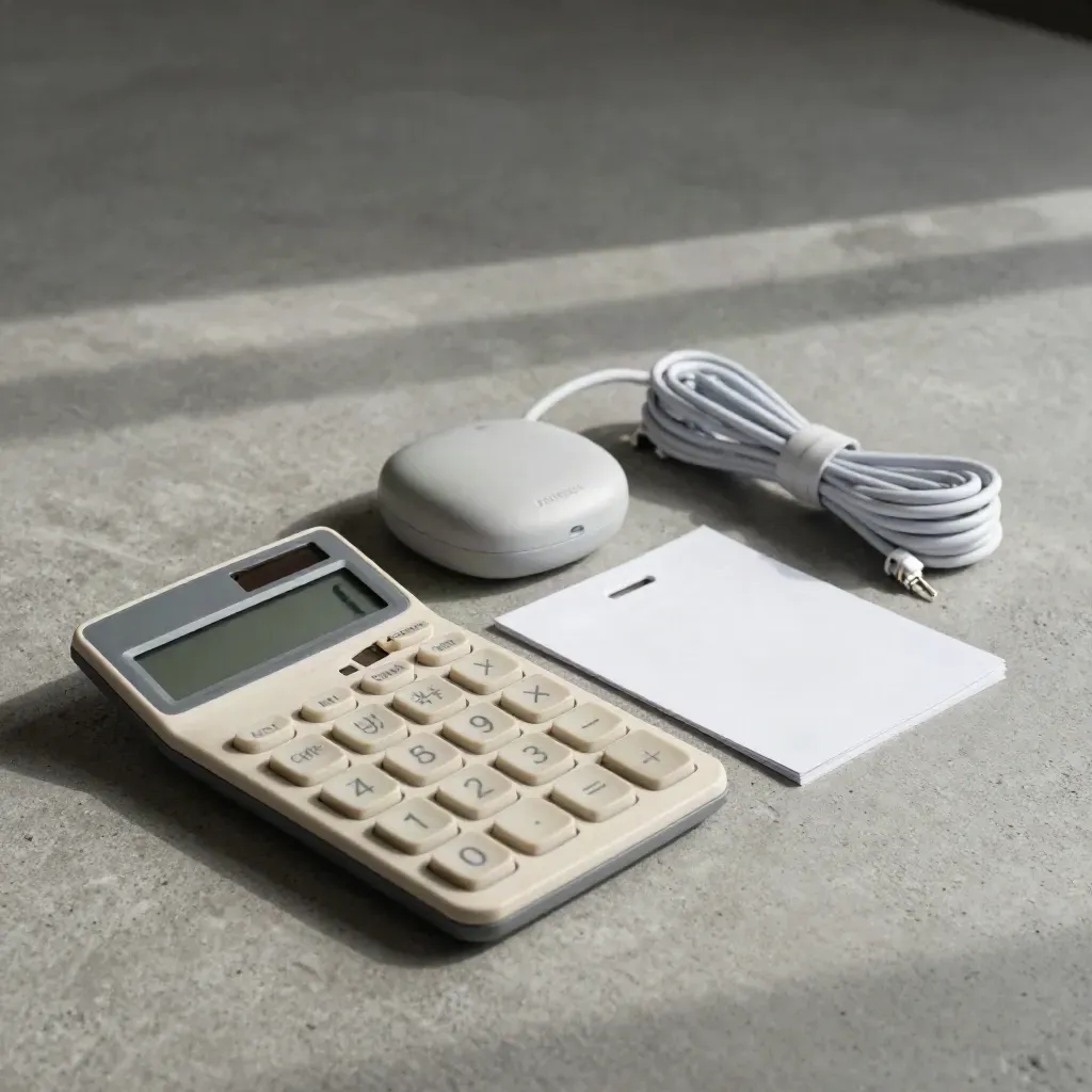 Calculator, alarm sensor, estimate sleeve and cable on brushed concrete in a clean quote-check still life.