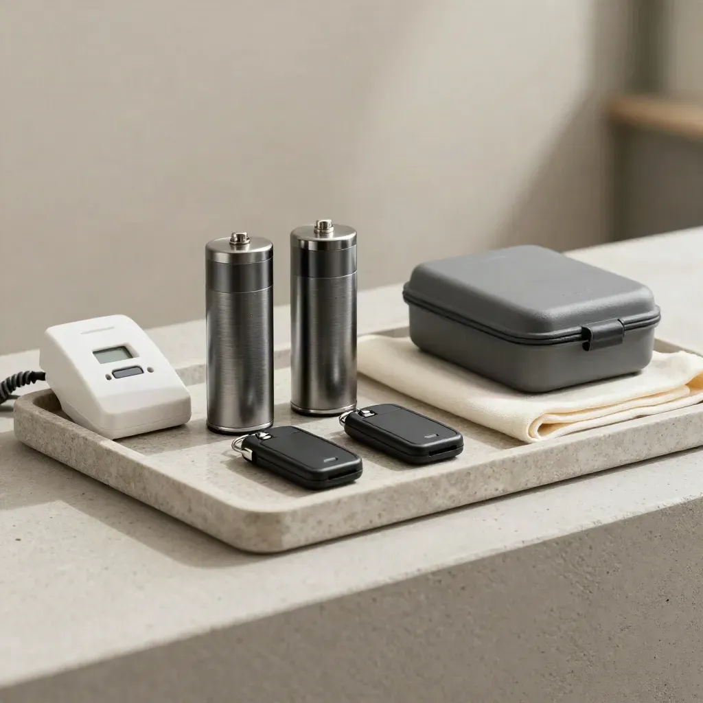 Alarm battery, blank key fobs, phone cradle and service kit on a stone tray.