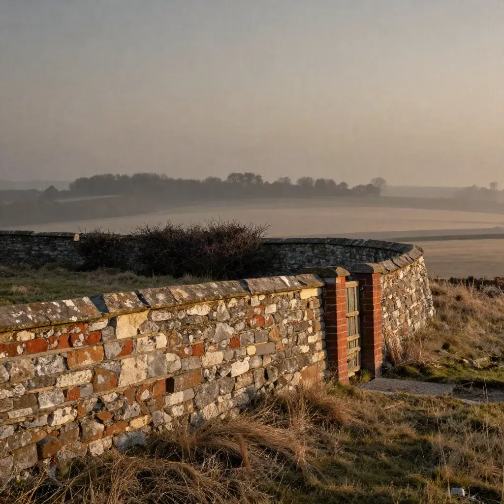 Sunlit South Cheshire sandstone wall, red-brick gate piers, and hedgerow over a hazy field