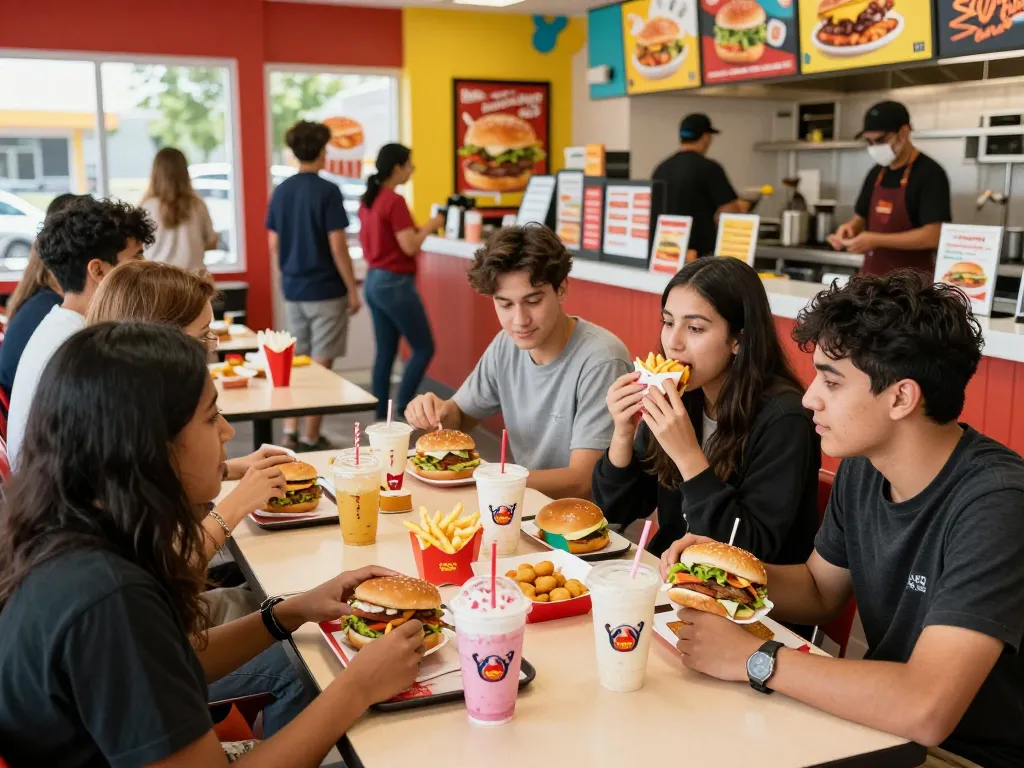 Dynamic scene showcasing a diverse group enjoying a fast food menu with burgers and fries in a lively restaurant atmosphere.
