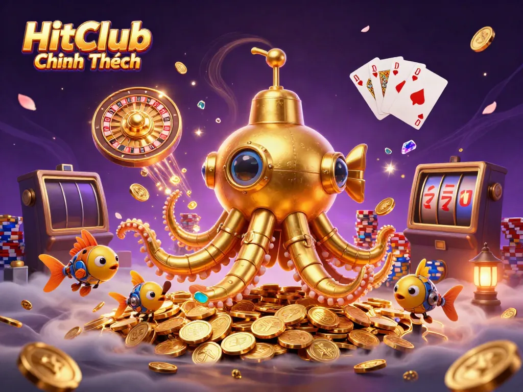 Engage with HitClub Chính Thức as a golden kraken submarine emerges in a treasure-filled scene.