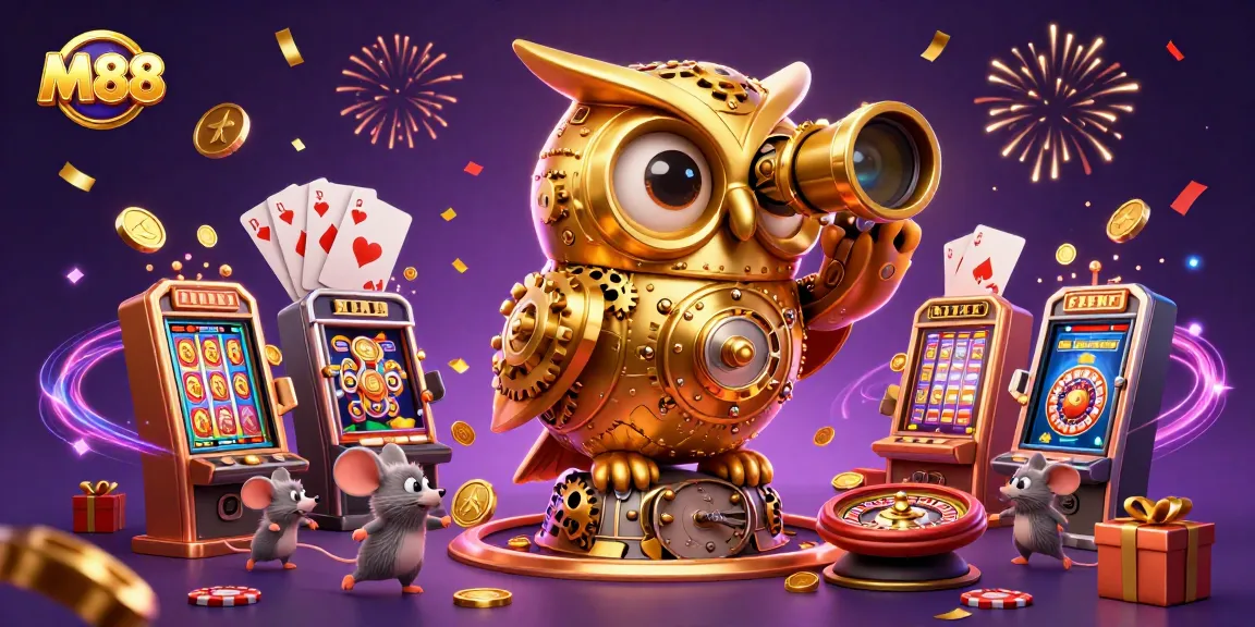 M88 players enjoying vibrant slot games amidst a colorful casino scene filled with action.
