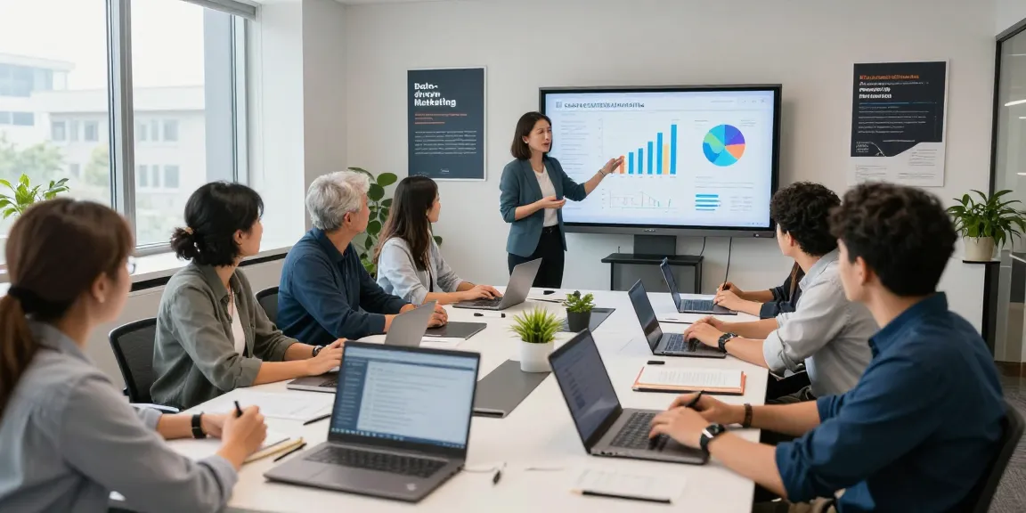 Engaged professionals in a data-driven marketing training session sharing insights and strategies.