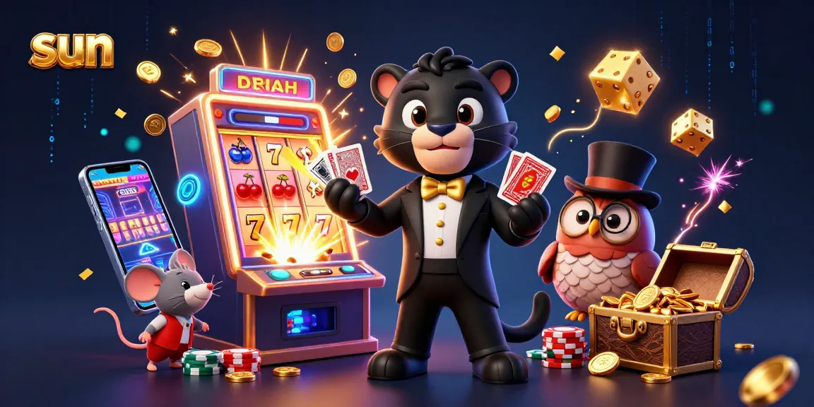 Sun-themed gambling illustration with a stylish panther dealer, owl, mouse, and a jackpot slot machine bursting coins.
