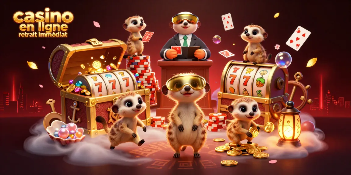 Casino en ligne retrait immédiat : illustration d'une opération de casino animée par des suricates, entourée de trésors.