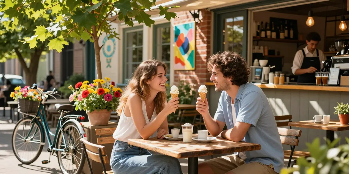 Young couple sharing ice cream cones outdoors, capturing the feeling of having a crush on someone.