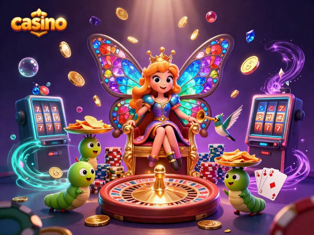 Experience the thrill of the casino with vibrant illustrations showcasing slots, chips, and a unique butterfly queen.