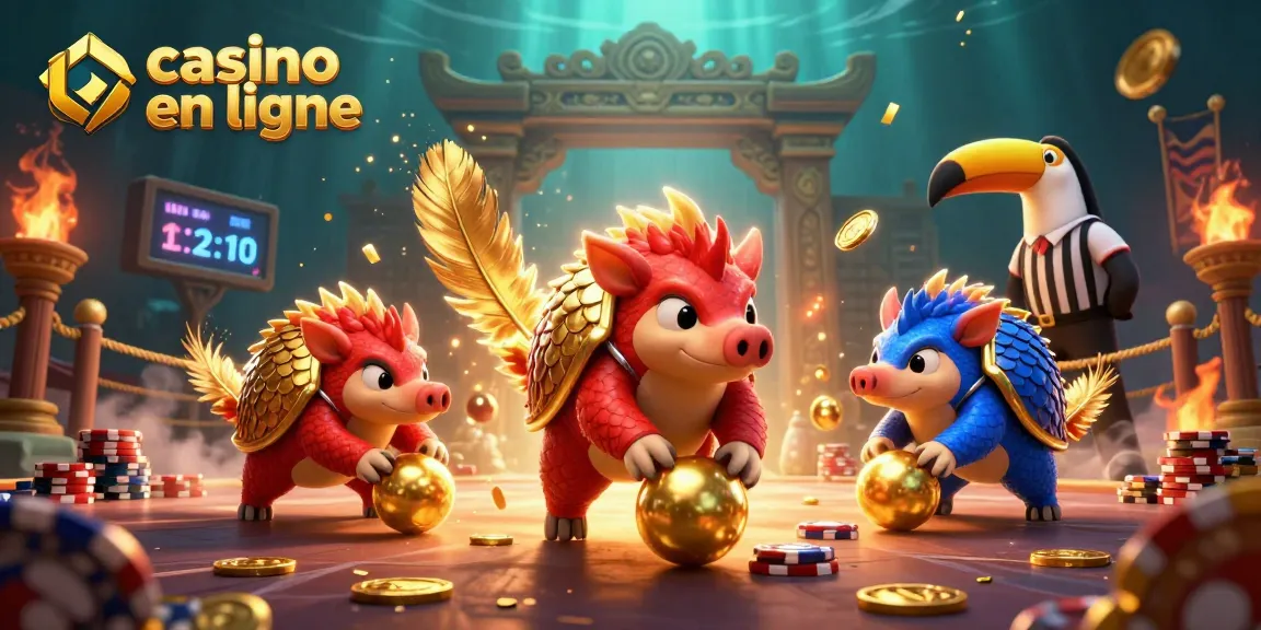 Plongez dans l'univers du casino en ligne avec un affrontement épique entre pangolins, jetant des jetons et des pièces d'or.
