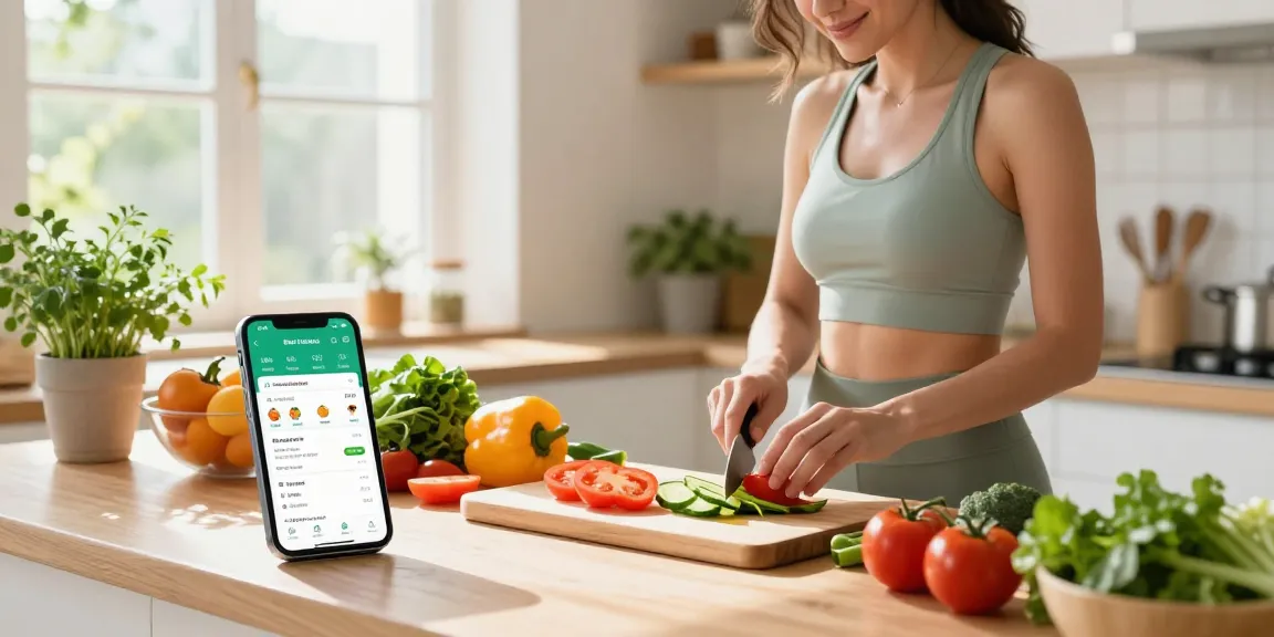 Woman preparing a meal with the best nutrition tracking app visible in a sunny kitchen.