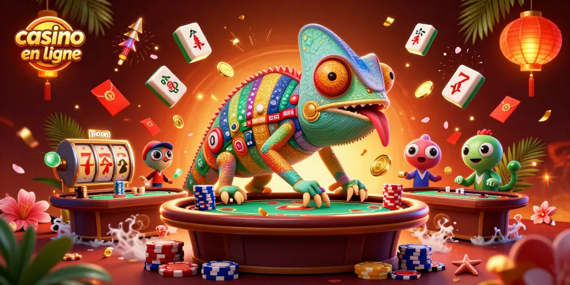 Le chameleon du casino en ligne capte des pièces d'or tout en entouré d'éléments de jeux colorés.