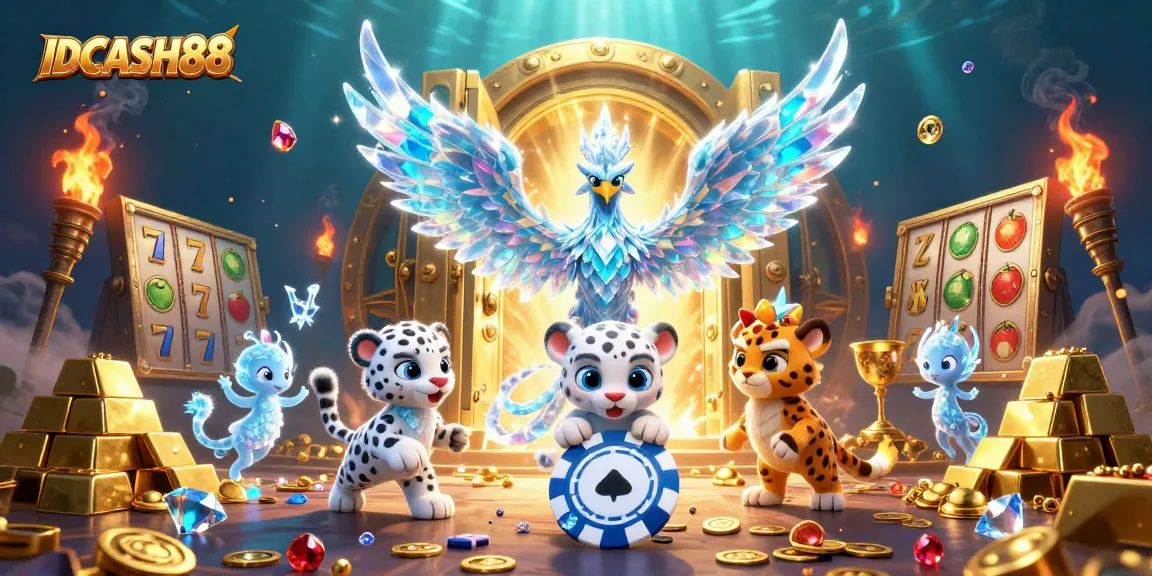 Experience the excitement of IDCASH88 with vibrant gameplay, featuring a charming ice phoenix and a snow leopard cub.