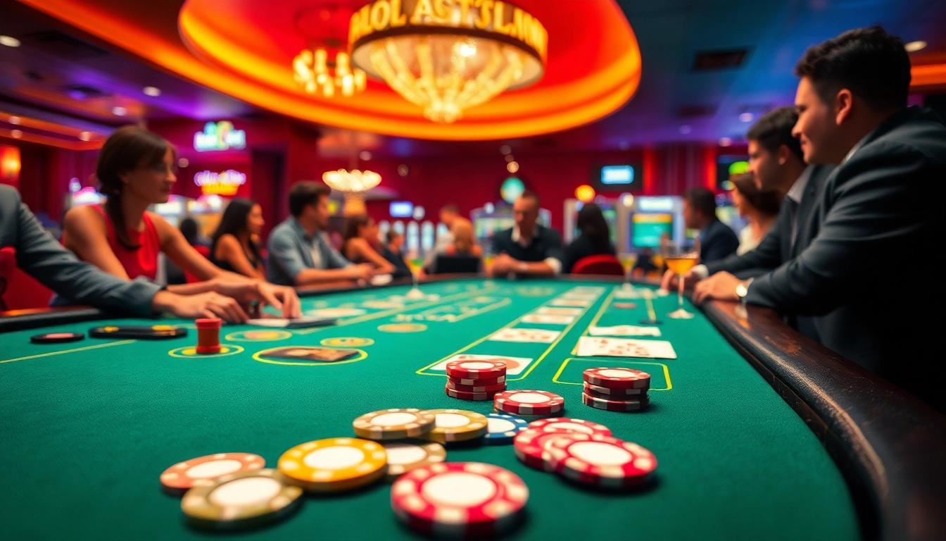 Permainan SLOT365 LINK menarik perhatian dengan suasana kasino yang hidup dan cerah.