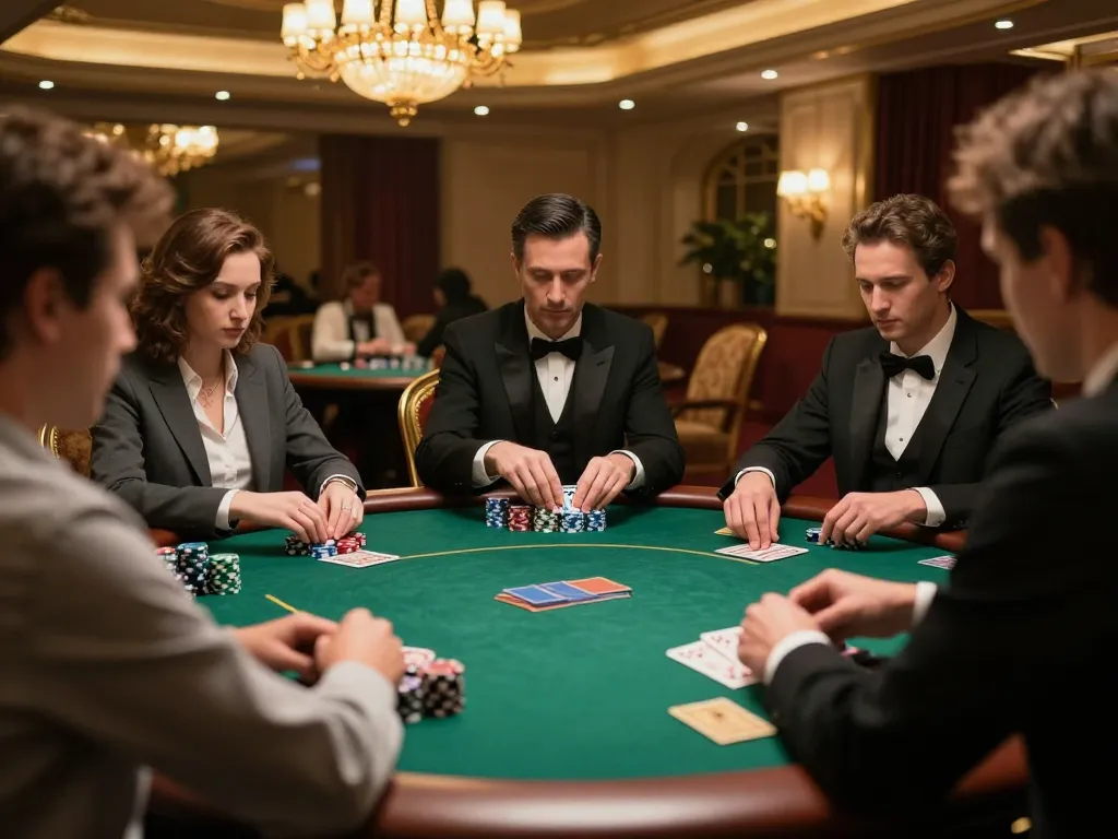 Experience intense gameplay at ledak338 with engaged players at an upscale poker table