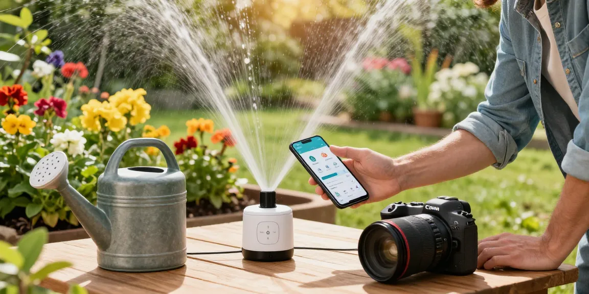 Smart sprinkler system installation in a sunny garden with vibrant plants, reflecting water conservation.