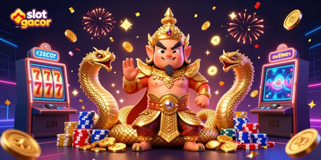 Experience slot gacor with energetic guardian characters surrounded by dynamic gaming elements.