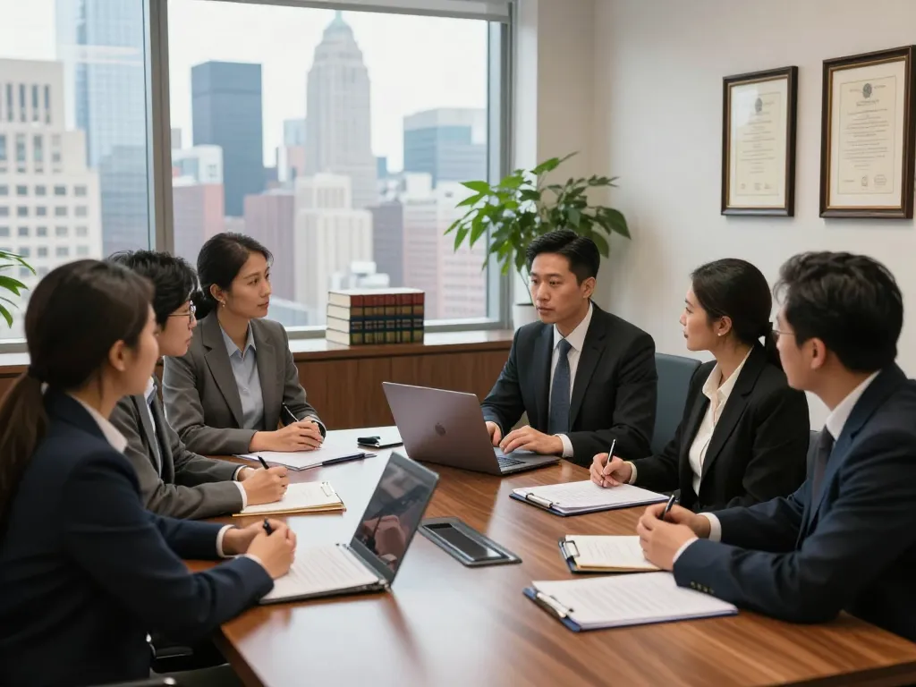 New York City personal injury lawyer consulting with clients, vibrant NYC skyline in background.