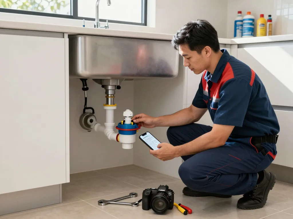 Plumber working on sydney water backflow prevention device under sink in residential setting.
