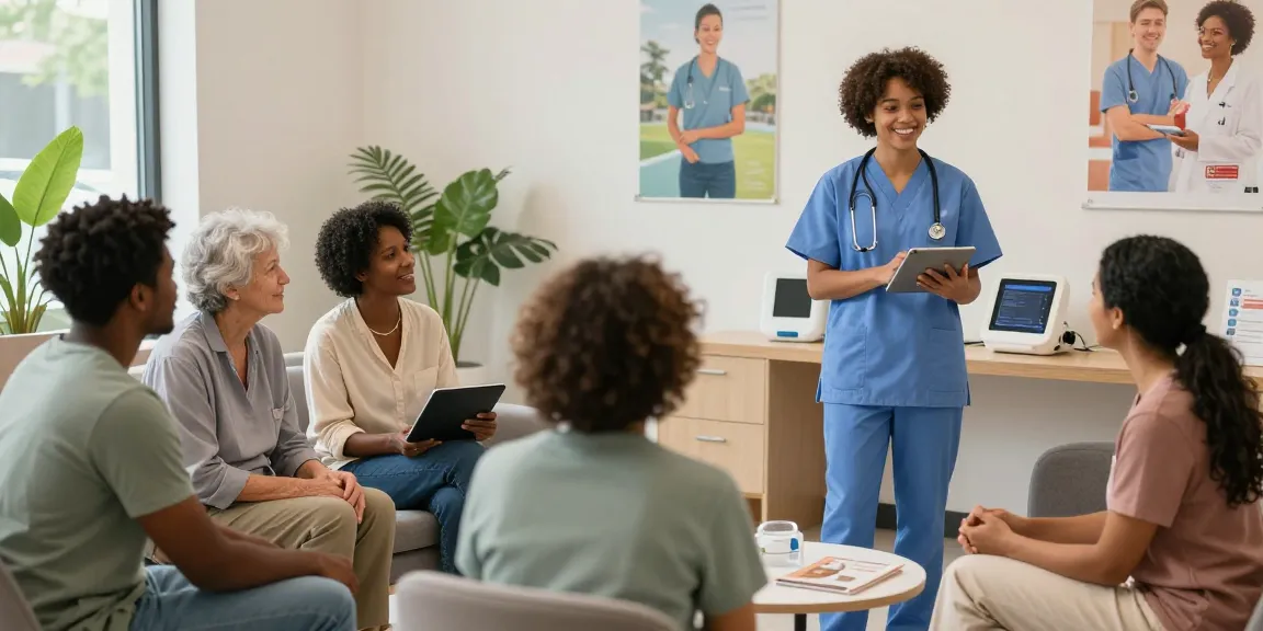 Canada care community scene with healthcare professionals engaging warmly with patients in a welcoming clinic.