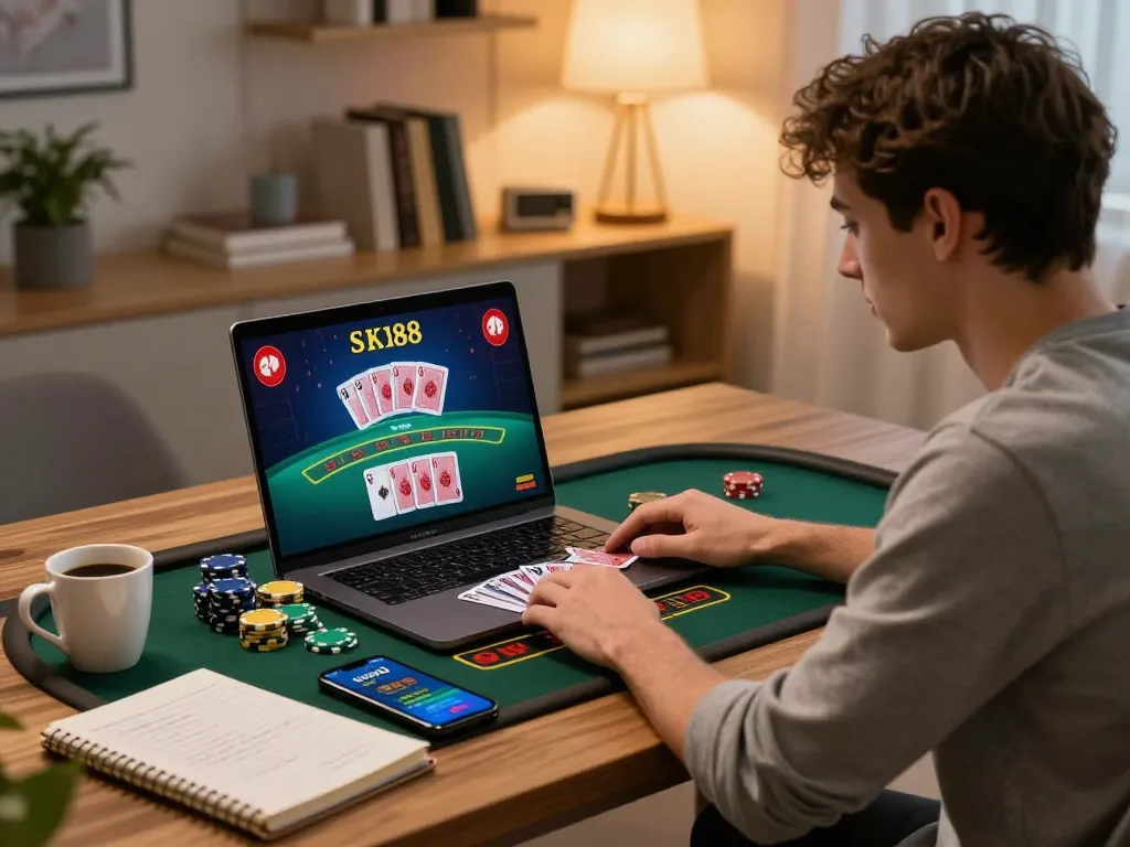 Engaged player explores sky88 casino app while strategizing for blackjack in a cozy home office.
