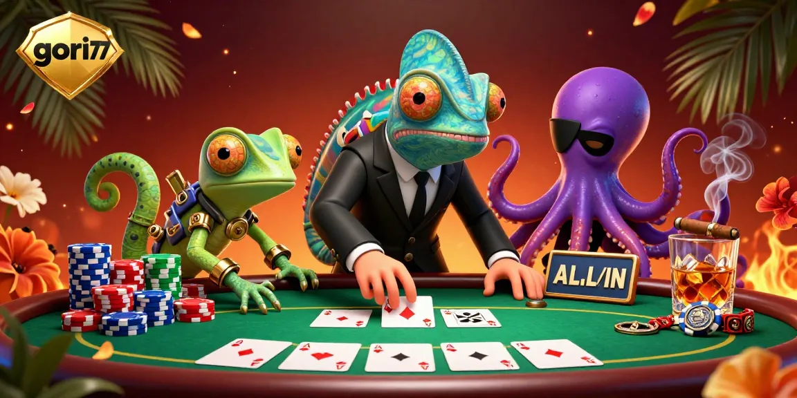Experience thrilling poker action with gori77 featuring a secret agent chameleon, gecko, and octopus in a vibrant casino scene.