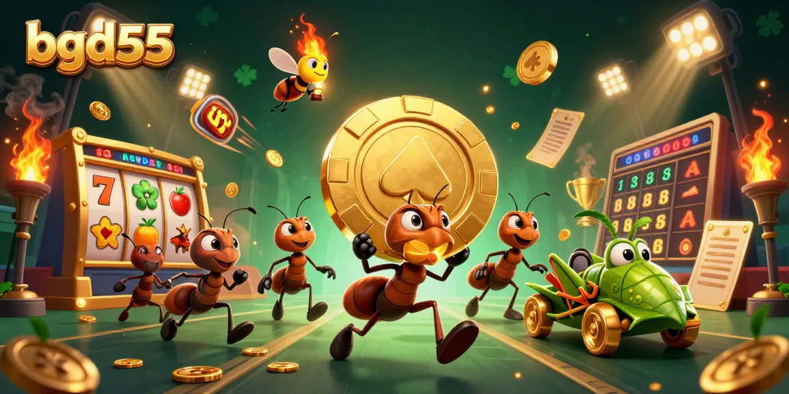 Play exciting games at bgd55 with ants stealing a giant poker chip amidst vibrant casino elements.