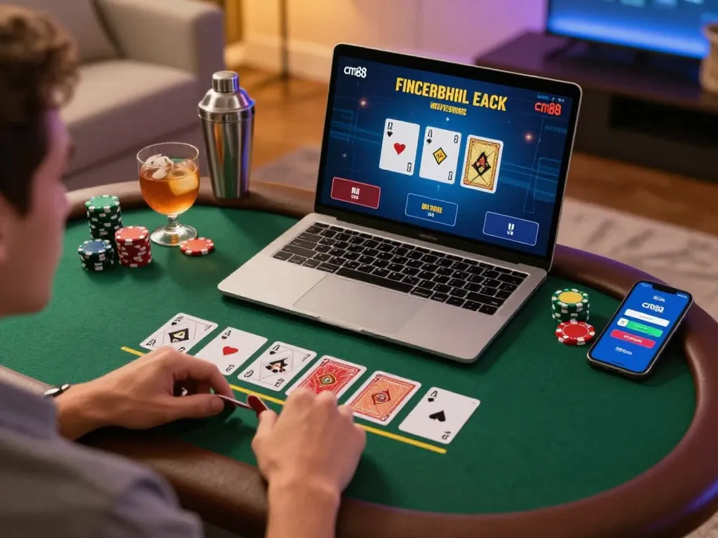 Player enjoying cm88 live dealer blackjack action from a stylish home setup