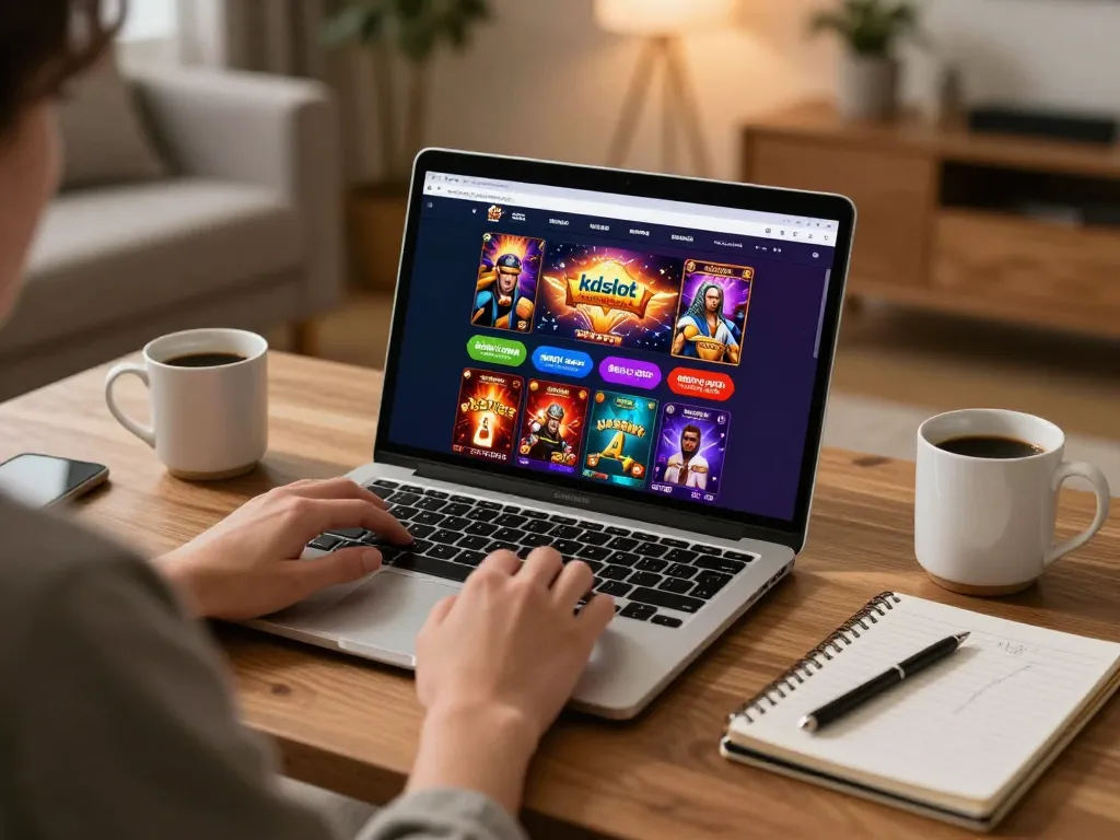 Engaging in kdslot online gaming on a laptop at home with strategy notes nearby
