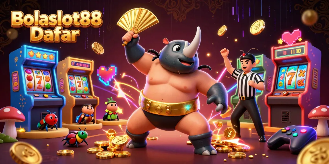 Bolaslot88 Daftar showcases a vibrant casino scene with a beetle champion and game elements for gambling enthusiasts.
