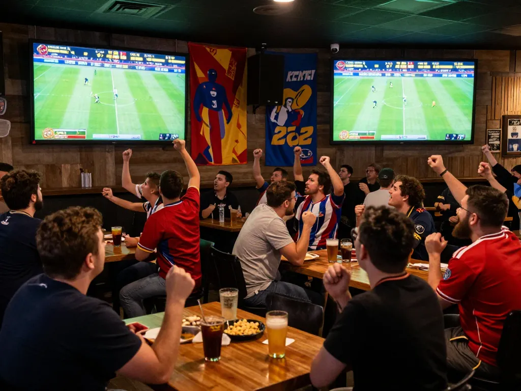 Watch exciting nonton bola ive moments with vibrant fans cheering live sports in a lively bar atmosphere.