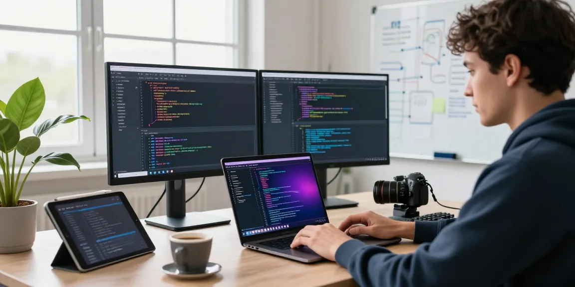 Seamless API testing setup showcasing a programmer's workspace with high tech devices, highlighting an effective postman alternative.