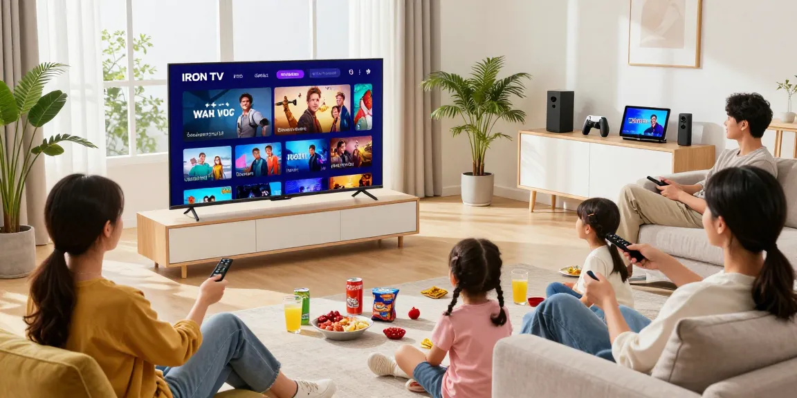 Family enjoying IRON TV streaming service in a cozy living room