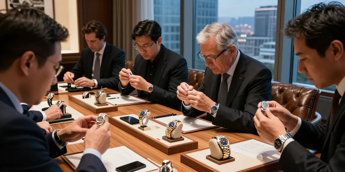 Luxury watch enthusiasts inspecting replica watches in a refined setting.