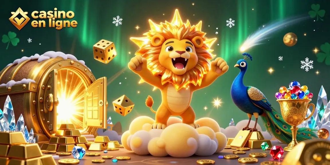 Gagnez avec le casino en ligne : illustration en 3D d'une scène riche avec un lion et des dés dorés.