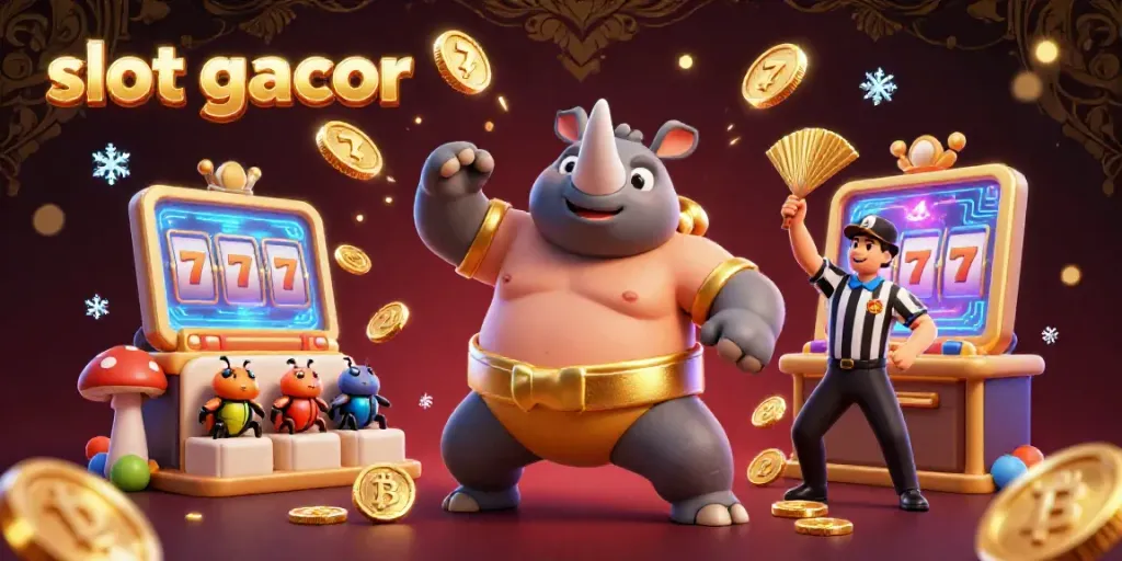 Experience slot gacor excitement with a dynamic beetle sumo scene filled with animated coins and vibrant casino symbols.